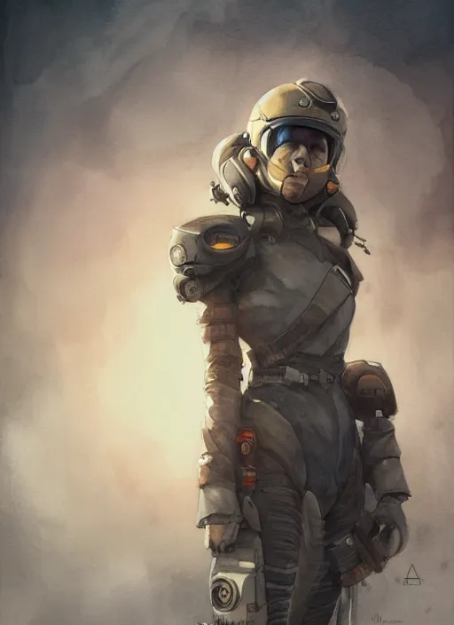 Image similar to full body concept art watercolor of a female pilot, watercolor painting, stunning, featured on artstation, cinematic lighting, hyperdetailed, cgsociety, 8k, dramatic, dark atmosphere, alluring