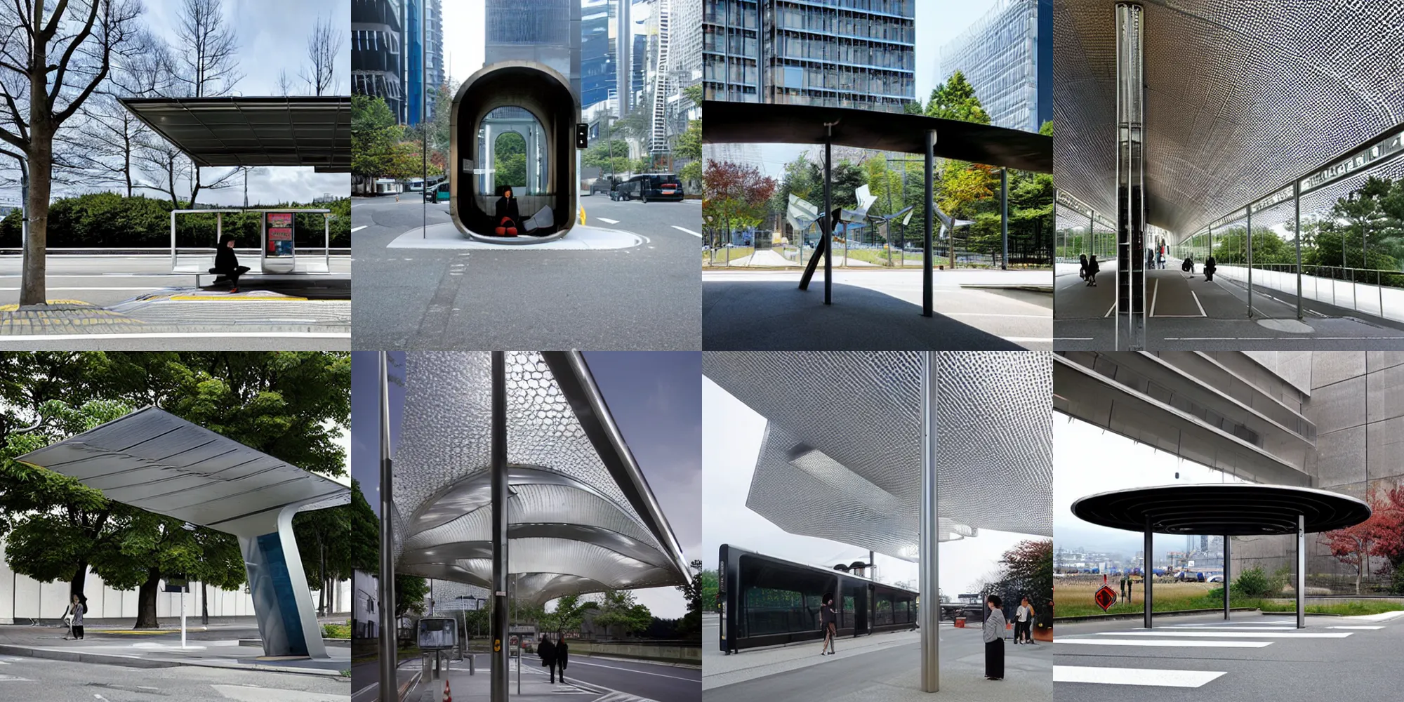 Prompt: cyberpunk bus stop, crystal, by norman foster + tadao ando, japan