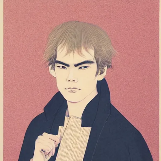 Image similar to michael c hall portrait by ikenaga yasunari and ayana otake and ko rakusui, 6 0 s poster, drawing, realistic, sharp focus, japanese, dreamy, nostalgia, faded, golden hues, floral clothes