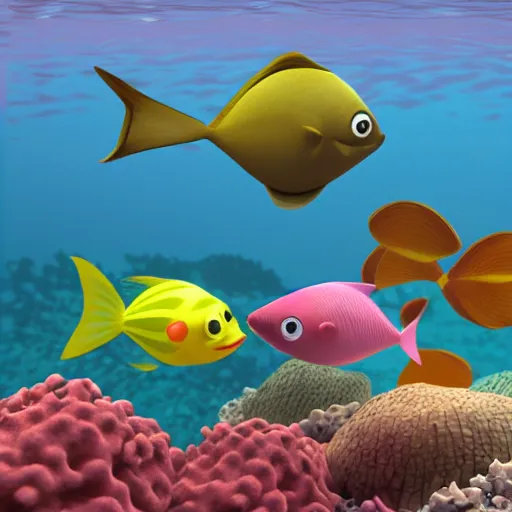 Image similar to a 3d render of two fish underwater watching a boat , in the style of a pixar cartoon, disney cartoon