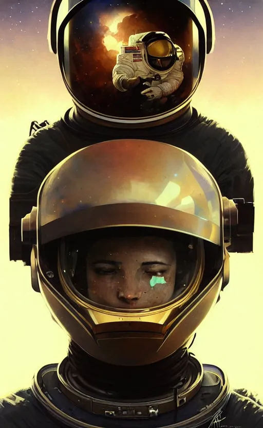 Image similar to ! dream portrait of an astronaut with a broken helmet, broken helmet, ripped helmet, helmet in pieces, headshot, highly detailed, digital painting, artstation, concept art, sharp focus, cinematic lighting, illustration, art by artgerm and greg rutkowski, alphonse mucha, cgsociety