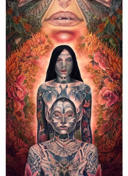 Prompt: beautiful enlightened woman instagram cult influencer with tattoos, tattooed skin, oil painting, robe, symmetrical face, dark ritual myth, by martine johanna, sean yoro masterpiece