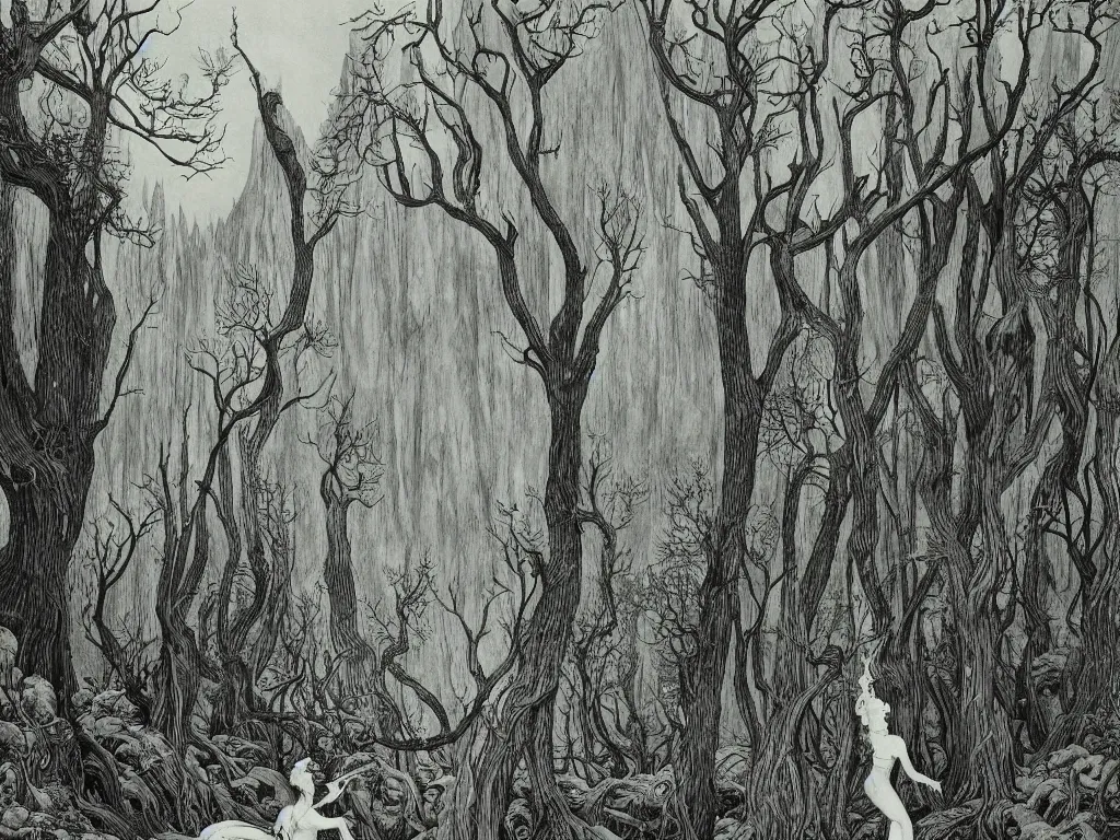 Image similar to dense forest, artstation, by aubrey beardsley, by caspar david friedrich, by laurie lipton, by kay nielsen, by ivan shishkin, calligraphy, divine, paradox, gnarly trees, terrifying, witchcraft!, hope, mountains in background