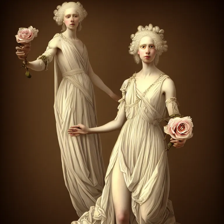 Prompt: neoclassical art closed realistic detailed portrait of a wonderful sweet expressive symmetrical albino lady dressed with a majestic semi transparent silk roses long dress, ornate, intricate, detailed, dramatic light, rembrandt style octane render