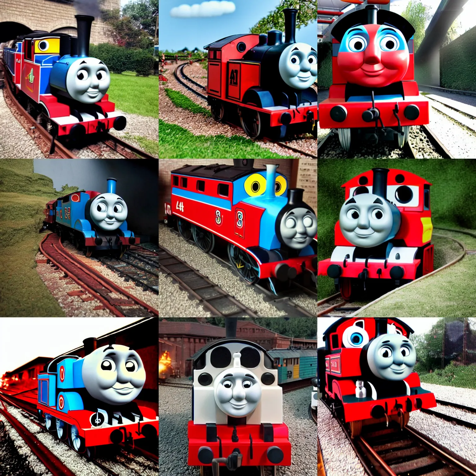 Prompt: photo of thomas the tank engine's very very very very angry face, red light, shadows