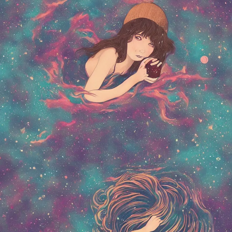 Prompt: a cute girl with dark eyes full of cosmic nebulae drowning in a roiling ocean of coffee, nostalgic melancholic artwork