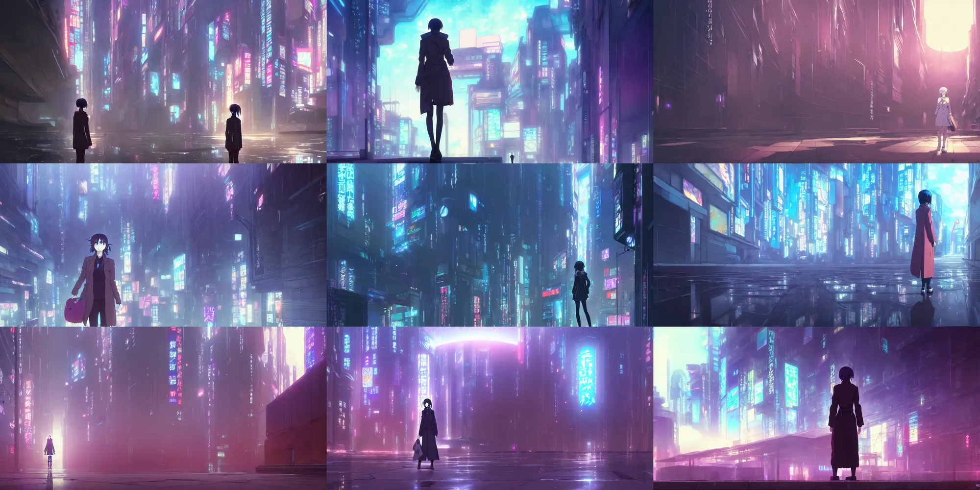 Prompt: a high definition screenshot from the haunting and strange cyberpunk anime anime anime film ; a female detective wearing a trenchcoat investigates a strange and ethereal dreamscape, digital painting by makoto shinkai, moebius moebius, surrealism, trending on artstation
