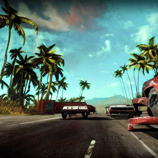 Image similar to far cry car leaking black tar chaotic intensive apocalyptic adrenaline anger oil black tar landscape wasteland miami desert landscape natural disasters sunset palm trees landscape hotline Miami style