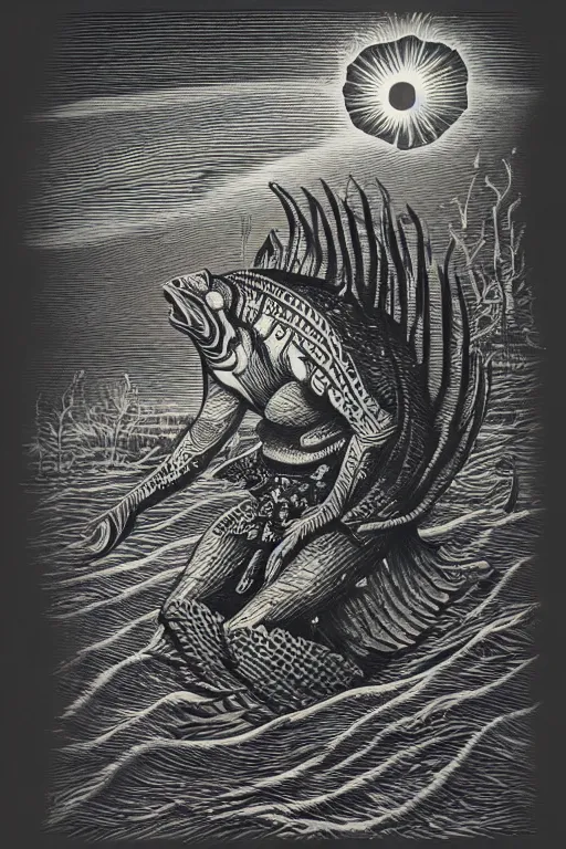 Prompt: a beautiful wood engraving on paper of a fishman, 8 k, frostbite 3 engine, cryengine, dof, trending on artstation, digital art, crepuscular ray, art by david witbeck