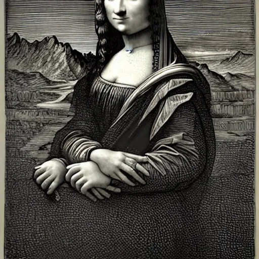 Image similar to monalisa in the style of Gustave Doré!!!!!!!!!!!!!!!!!!!, etching, etching, etching painting, etching!!!!!!!!!!!!!!!!!!!, wood-engraving!, Gustave Doré, Gustave Doré, Gustave Doré!!!!!!!!!!