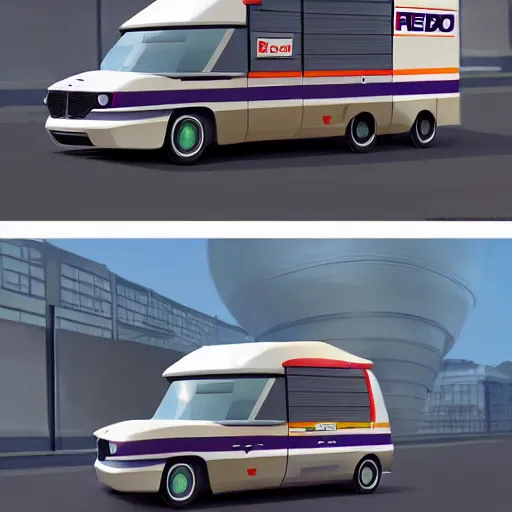 Prompt: retro futuristic fedex delivery truck, artstation, cgsociety concept art