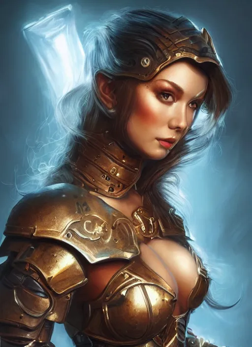 Image similar to a higly detailed airbrush full body shot and face portrait painting of a sensual paladin female character, dynamic lighting, ambient lighting, deviantart, art by artgerm and simon bisley and karol bak