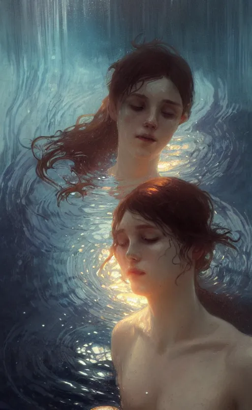 Image similar to a portrait of a drowned man under water, concept art, deep focus, intricate, highly detailed, digital painting, artstation, matte, sharp focus, bokeh, art by greg rutkowski and alphonse mucha