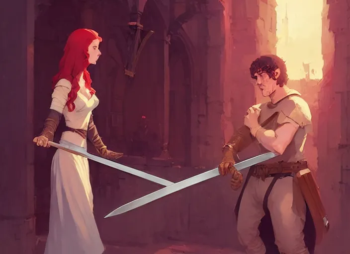 Image similar to a brunette man offers his sword to a red - haired woman, medieval times by atey ghailan, by greg rutkowski, by greg tocchini, by james gilleard, by joe fenton, by kaethe butcher, dynamic lighting, gradient light blue, brown, blonde cream and white color scheme, grunge aesthetic