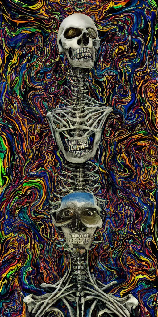 Image similar to Skeletal a sobbing man and a happy women, furry creatures, highly detailed, half skull face, cinematic, infographic for imaginary animals, golden hour, backlit by an alien planet, sharp focus, psychedelic LSD manga, abstract oil painting by Raqib Shaw and joseph albers, MC Escher illustration, 8k,by Stanley Artgermm,Tom Bagshaw,Greg Rutkowski,Carne Griffiths, Ayami Kojima, Beksinski, Giger,trending on DeviantArt,hyper detailed,horror, full of colour, golden hour