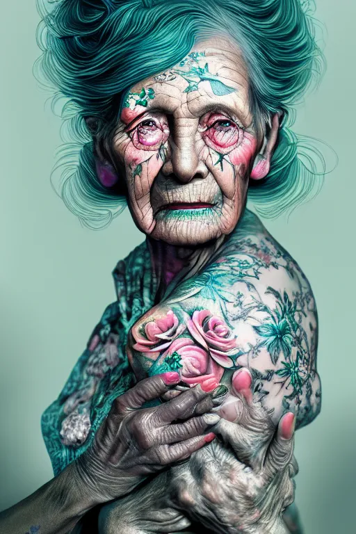 Image similar to hyperrealistic hyper detailed close-up side portrait of old woman covered in rococo flower tattoos matte painting concept art hannah yata very dramatic dark teal lighting low angle hd 8k sharp 35mm shallow depth of field