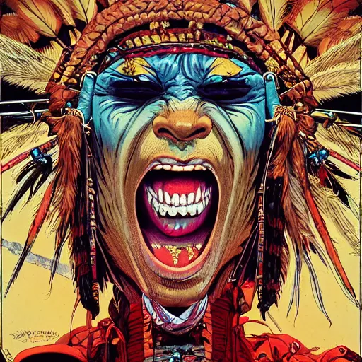 Prompt: portrait of crazy screaming native american, symmetrical, cinematic colors, by yoichi hatakenaka, masamune shirow, josan gonzales and dan mumford, ayami kojima, takato yamamoto, barclay shaw, karol bak, yukito kishiro