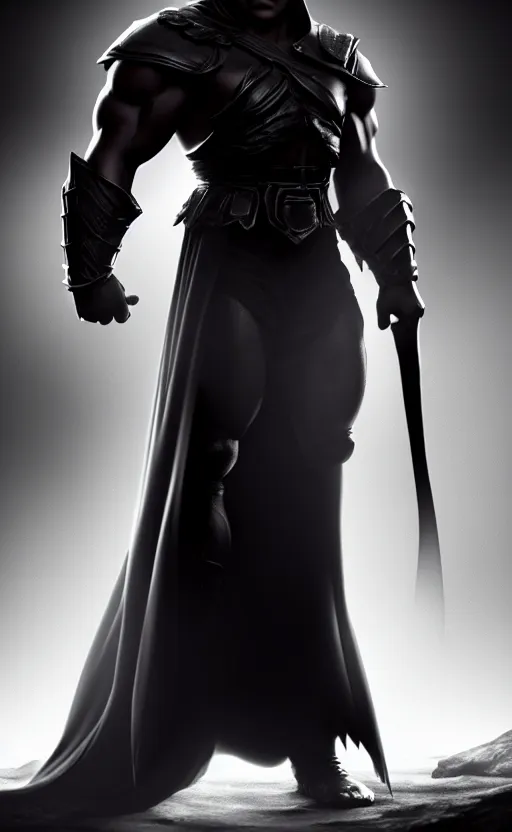 Prompt: Full body centered uncut character pose of mysterious-shadowy-eerie-ominous He-Man with a dark manner, dark grey background, softly backlit, face highlighted with professional lighting, high detailed, atmospheric, cinematic, Epic, 4k, ultra-detailed, ultra-realistic, colored ZBrush render, artwork by Adam Paquette