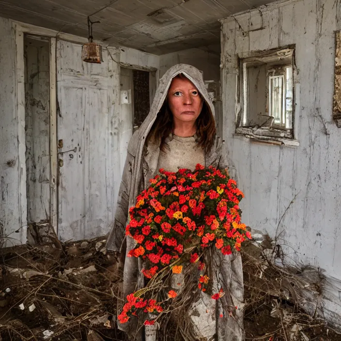 Prompt: a woman wearing a hooded cloak made of zinnias and barbed wire, in a derelict house, by Manny Librodo, natural light, detailed face, CANON Eos C300, ƒ1.8, 35mm, 8K, medium-format print