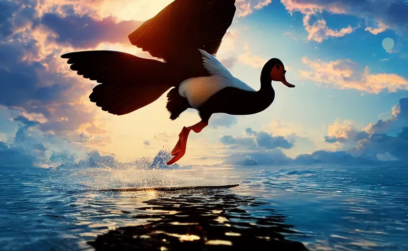 Prompt: Muscovy duck dancing on water, beautiful flowing fabric, sunset, dramatic angle, 8k hdr pixiv dslr photo by Makoto Shinkai and Wojtek Fus