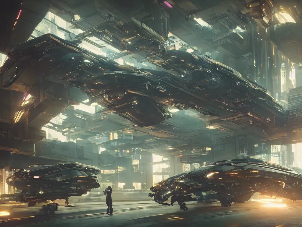 Image similar to ( cyberpunk 2 0 7 7, bladerunner 2 0 4 9 ) scientists creating an artificial alien highly detailed futuristic biomechanical thick smooth quad wing combat spaceship in their spaceship lab, hyper realistic, highly detailed, sharp focus, depth of field, photography, natural light,, ultra detailed, photorealistic, by brian sum and annie leibowitz, - t