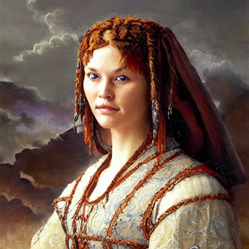 Prompt: portrait of a frisian woman ( 3 5 ) from magna frisia, fryslan, an oil painting by ross tran and thomas kincade