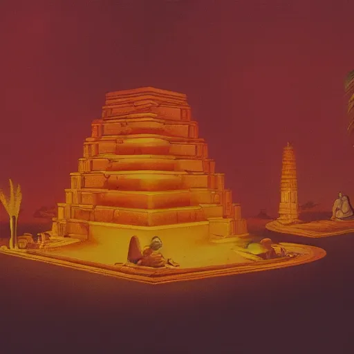 Image similar to a syd mead and ralph maquarrie style matte painting of an ancient indian temple ruins with candles lit inside, on top of a tropical hill, night