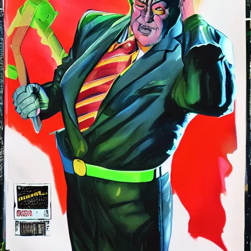 Image similar to hyperrealistic mr trash man comic book cover by alex ross with gouache and wash paints color