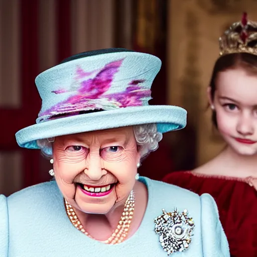 Image similar to A portrait photo of queen elizabeth teams up with a teenage queen elizabeth, perfect faces, 50 mm, award winning photography