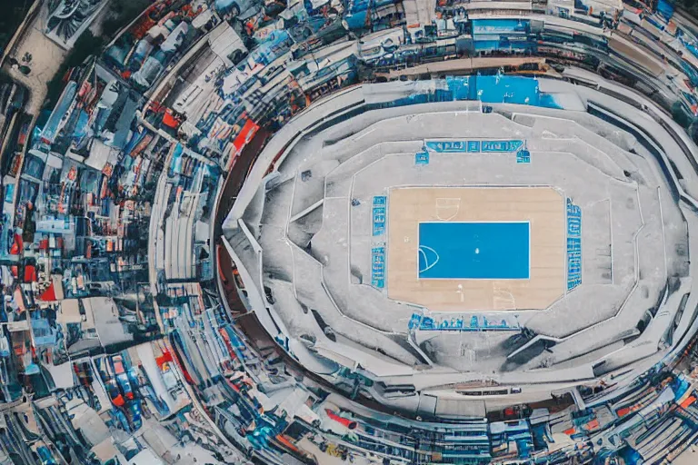 Prompt: top - down view of a high - tech sky arena inspired by modern skate parks and modern chinese playgrounds, wide angle, cinematographic shot, day