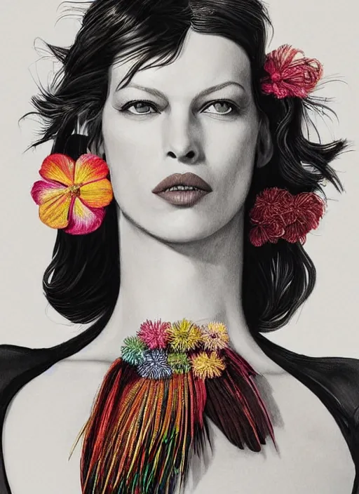 Image similar to beautiful portrait of Milla Jovovich wearing fantastic Hand-dyed cotton dress,embellished beaded feather decorative fringe knots ,colorful pigtail,subtropical flowers and plants, 18 years old, dramatic,symmetrical face,intricate,elegant,highly detailed,8k,post-processing,digital painting,trending on pinterest, GUCCI,PRADA,concept art, sharp focus, illustration, by artgerm,Tom Bagshaw,Lawrence Alma-Tadema,greg rutkowski,alphonse Mucha