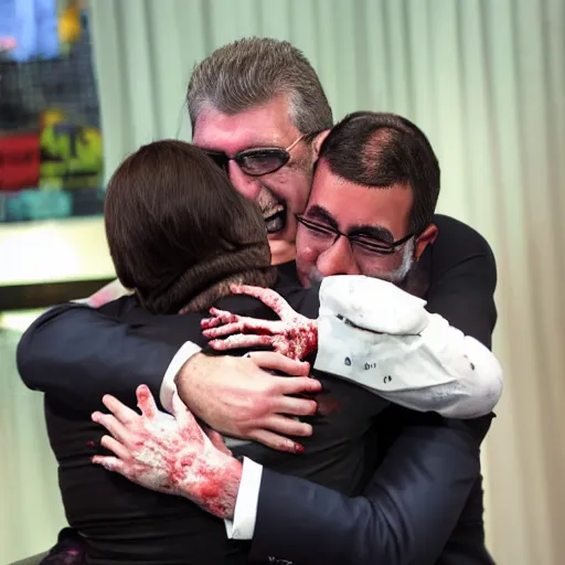 Image similar to Zombie Patrick Balkany hugging kawaii Alexandre Benalla