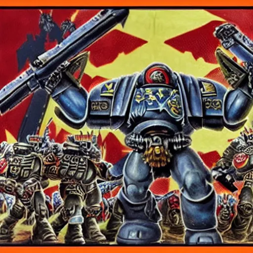 Image similar to anti - communist propaganda banner painting a space marine from warhammer 4 0 k fighting xenos written'defend the imperium'on the top, written'from xeno menace'on the bottom, warhammer 4 0 k, anti - communist banner, hightly detailed, digital art, illustration