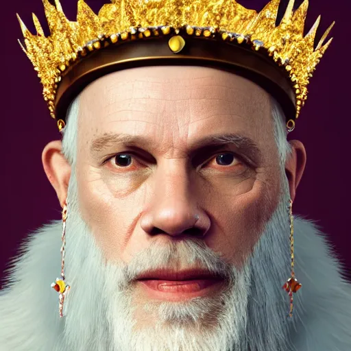 Prompt: John Malkovich with a diamond jeweled crown with a golden crown, photorealistic, highly detailed, 8k, in the art style of Filip Hodas, 8k
