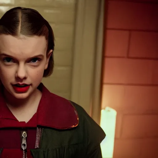 Image similar to still from Stranger Things season 6 - Taylor Swift pale and possessed as evil queen Brunhilda