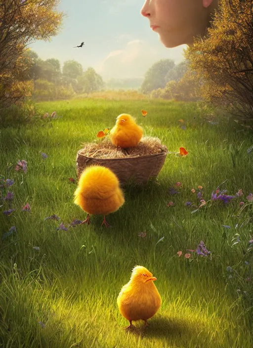 Image similar to a hen and her two cute small yellow chicks on a meadow, mama movie poster by nuri iyem, james gurney, james jean, greg rutkowski, anato finnstark. pixar. hyper detailed, 5 0 mm, award winning photography,