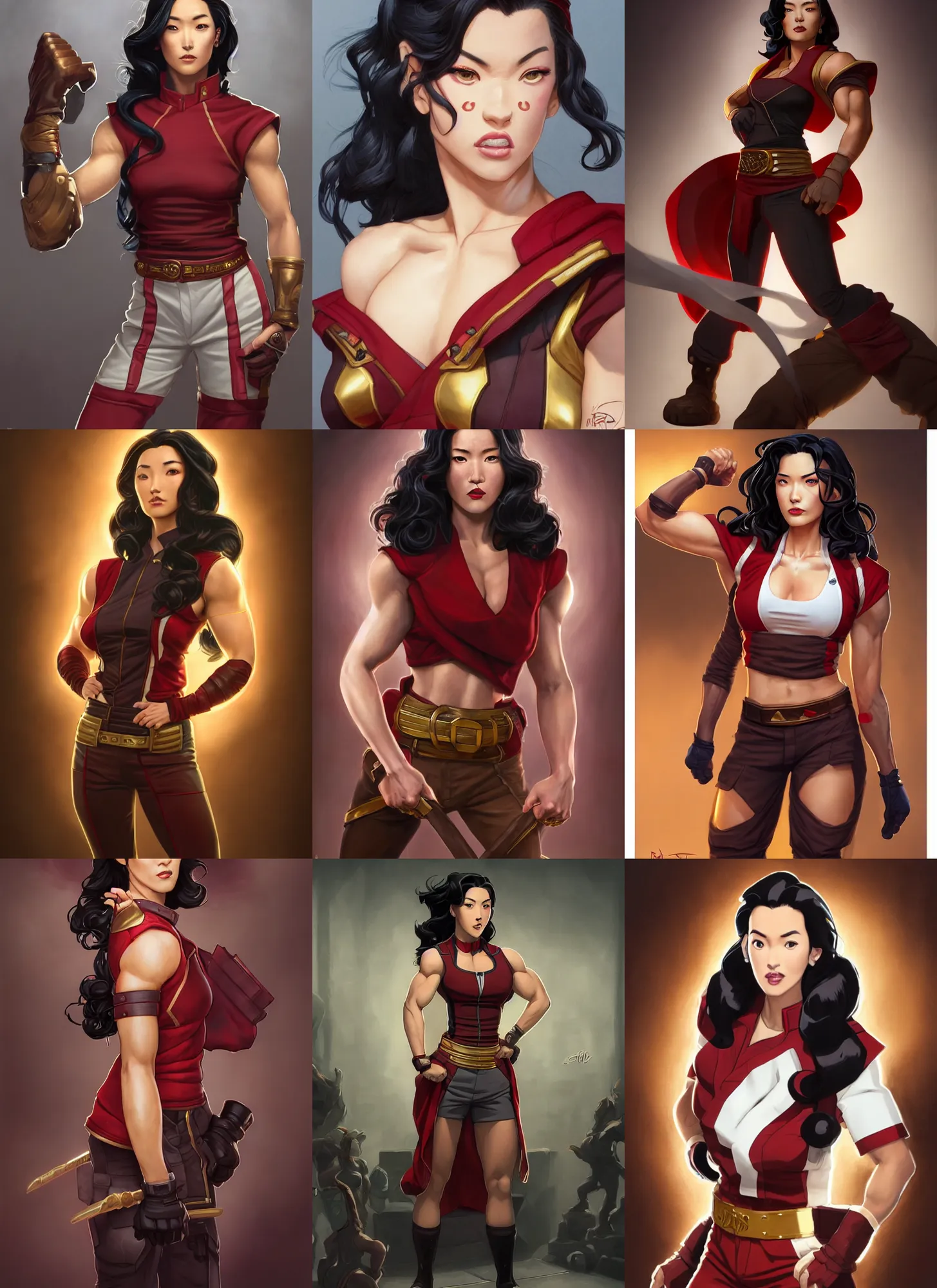 Prompt: a portrait of asami sato, muscular, wearing red tanktop vest with gold lining, white bandages on fists, black hair, short - medium length hair, serious, style by donato giancola, wayne reynolds, jeff easley dramatic light, high detail, cinematic lighting, artstation, dungeons and dragons
