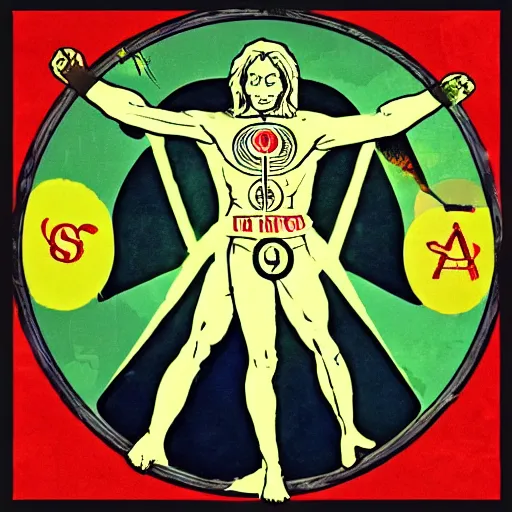 Prompt: occult vitruvian man. pop art, bioshock style, fallout style.