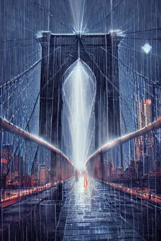 Image similar to beautiful digital illustration Brooklyn Bridge in the rain bokeh and sunrays by Marc Simonetti