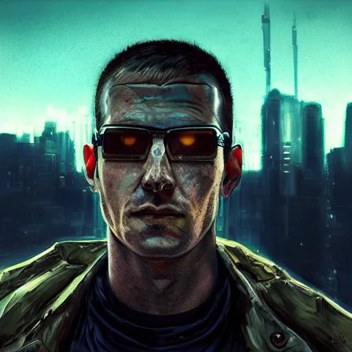 Prompt: cyberpunk, armitage, closeup portrait of a crazy ex soldier with a battlescar, light blue eyes, brown buzzcut, dramatic light, city background, sunset, dystopian setting, high contrast, sharp, neuromancer, painted by stanley lau, painted by greg rutkowski, painted by stanley artgerm, digital art, trending on artstation