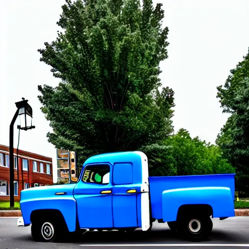 Prompt: blue truck stuck on a street light pole