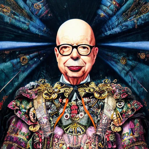 Prompt: UHD photorealistic detailed image of Klaus Schwab dressed as Emperor wearing extremely intricate clown makeup by Ayami Kojima, Amano, Karol Bak, tonalism