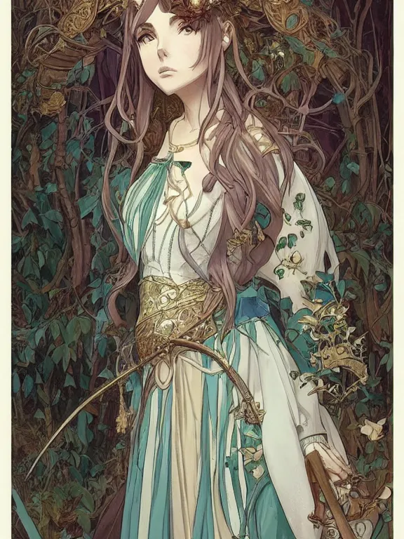 Image similar to anime key visual of jodie marie comer the enchantress wearing a medieval gown!! intricate, magical forest, stunning, highly detailed, digital painting, artstation, smooth, hard focus, illustration, art by artgerm and greg rutkowski and alphonse mucha