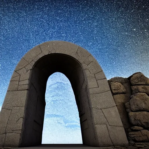 Image similar to stargate made of stone that form a circle, cinematic view, epic sky