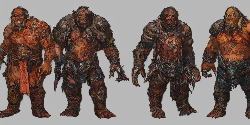 Image similar to different views of orcs, colourful intricate!! concept art by senior character artist, trending on artstation, full body character design