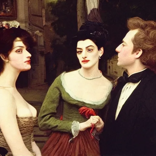 Prompt: niclas weintz trying to flirt with anne hathaway in a sunny street with jealous women with black hair standing in the back, 4 k, painting by eugene de lacroix, beautiful, high detail,