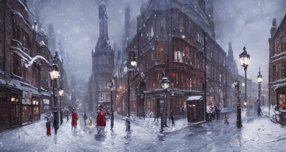 Image similar to snowy christmas victorian london, street scene, street level, whitechapel, hyperdetailed, artstation, cgsociety, 8 k