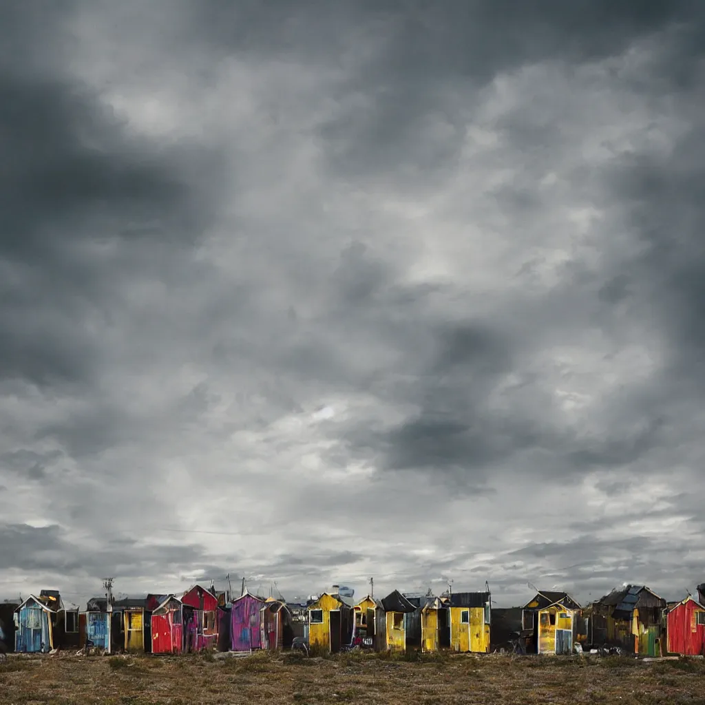 Image similar to close - up towers made up of colourful makeshift squatter shacks, bleached colours, dramatic cloudy sky, dystopia, mamiya, very detailed, ultra sharp, photographed by john chiara