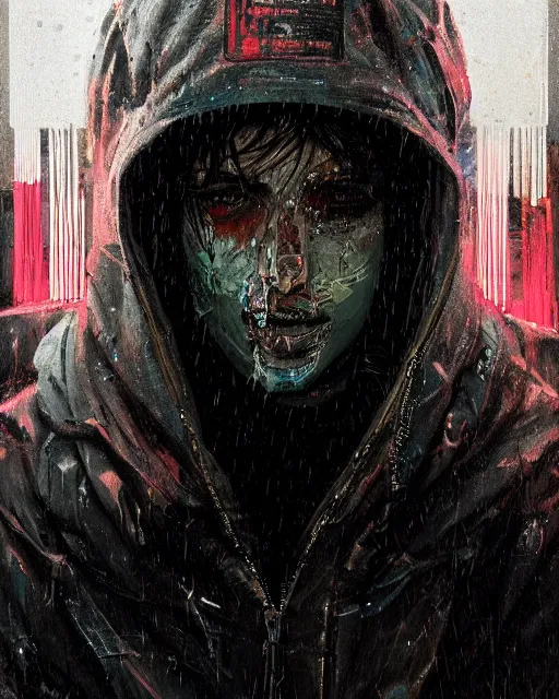 Image similar to detailed portrait, corrupt, virus, zombie, rain, cyberpunk futuristic neon, reflective puffy coat, decorated with traditional japanese ornaments by ismail inceoglu dragan bibin hans thoma greg rutkowski alexandros pyromallis nekro rene maritte illustrated, perfect face, fine details, realistic shaded, fine - face, pretty face