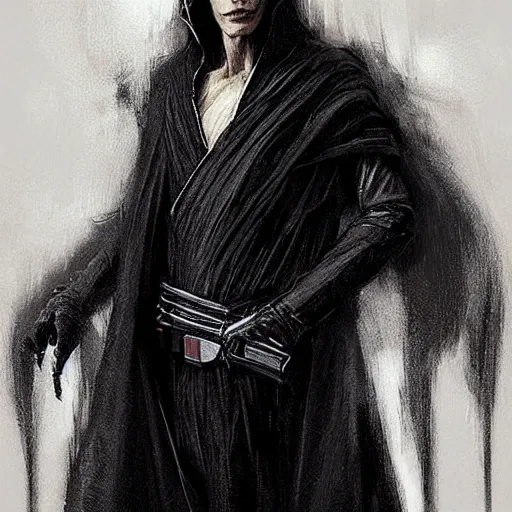 Image similar to portrait of a man by greg rutkowski, he looks like a vampire, long black messy hair, very tall and slender, star wars expanded universe, wearing black robes, he is about 3 0 years old, highly detailed portrait, digital painting, artstation, concept art, smooth, sharp foccus ilustration, artstation hq